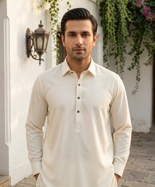 Premium Wash & Wear Unstitched Suit – Ash White