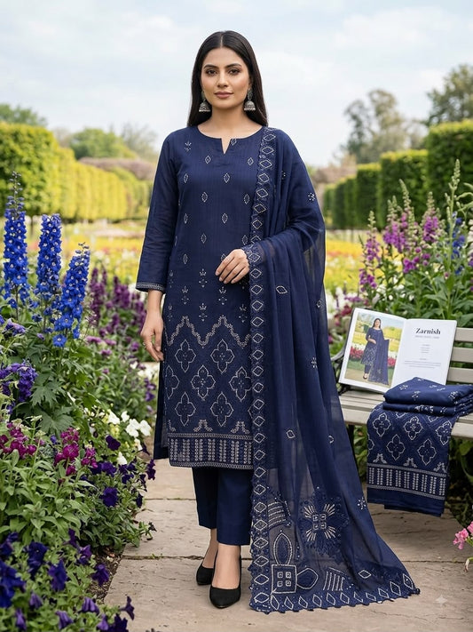 Navy Blue Geometric Embroidered 3-Piece Suit