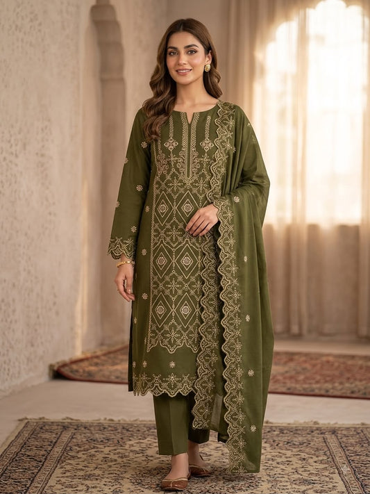 Olive Green Embroidered 3-Piece Suit with Scalloped Dupatta