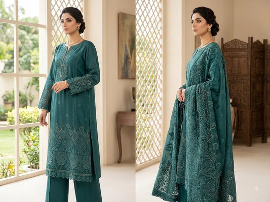 Teal Blue Floral Embellished 3-Piece Suit