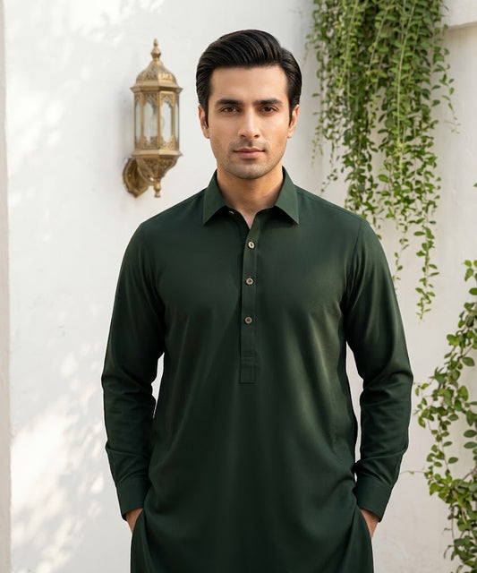 Refined Wash & Wear Unstitched Suit – Dark Green