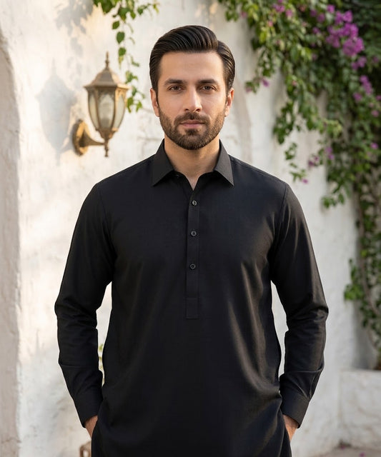 Premium Wash & Wear Unstitched Suit – Black