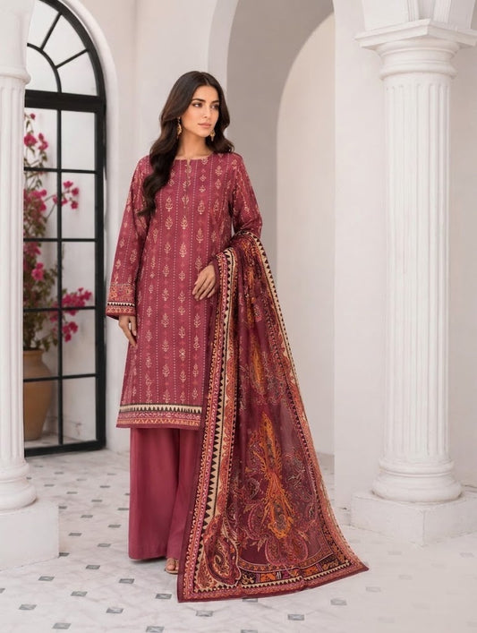 Digital Printed Lawn 3Pc Suit - Maroon (D-08)