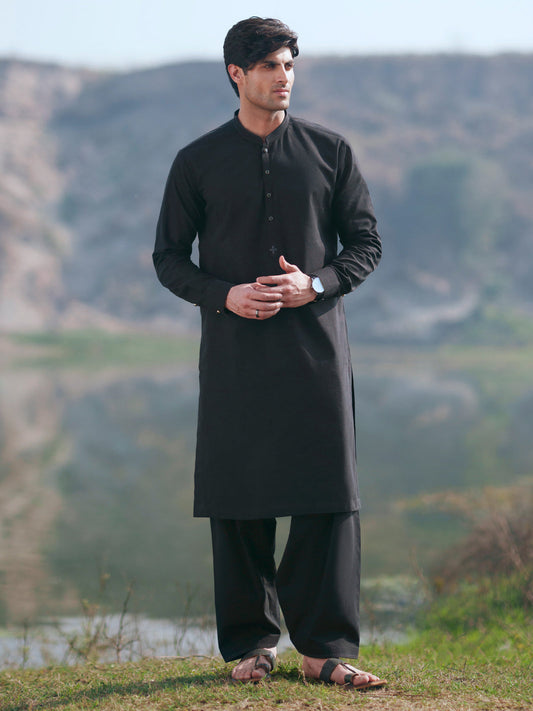 Black Unstitched Kameez Shalwar with Embroidered Motif – Moiz Fabric