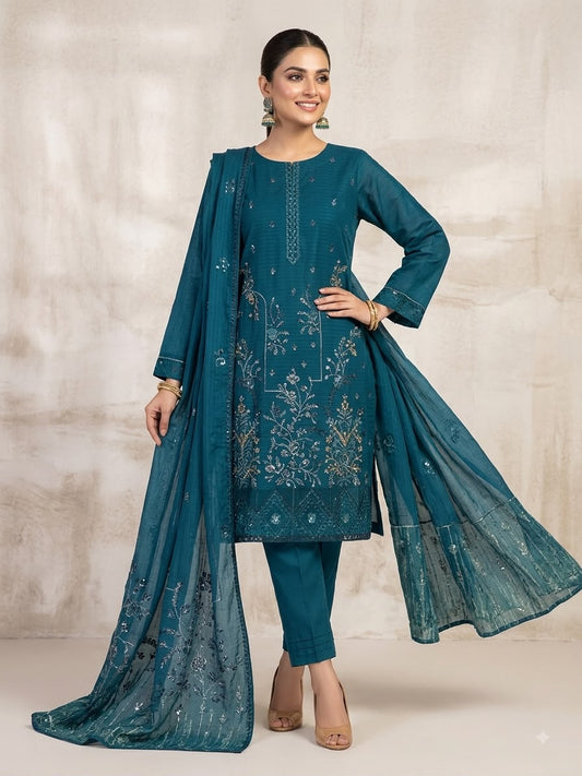 Teal Blue Floral Embellished 3-Piece Suit