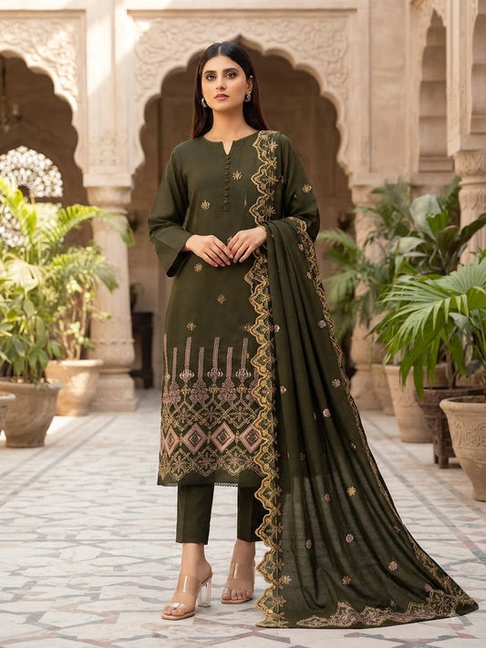 Dark Olive Embroidered 3-Piece Suit with Button Placket