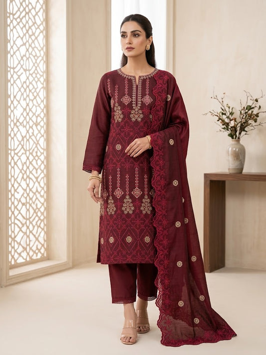 Maroon Embroidered 3-Piece Suit with Scalloped Dupatta
