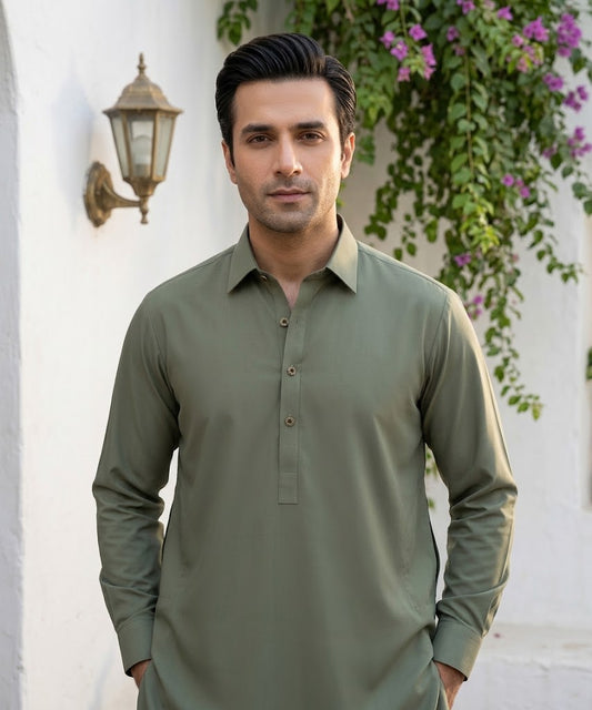 Refined Wash & Wear Unstitched Suit – Olive